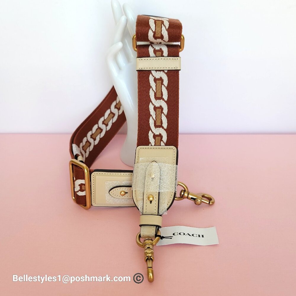 COACH Webbing Strap With Chain Stripe Print and Glovetanned Leather-Ivory multi⭐